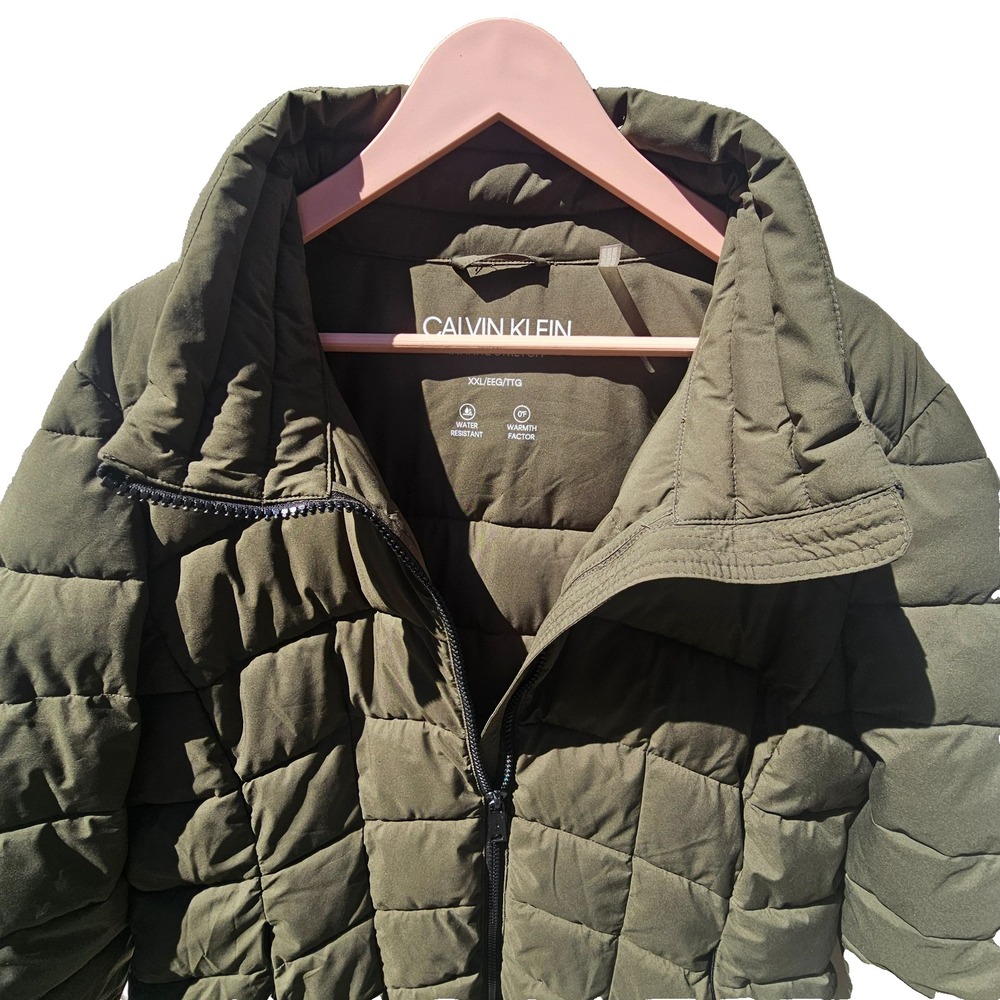Calvin Klein Puffer Coat Mid Length Olive Green Sorona Aura Water Resistant 2XL - Picture 3 of 14